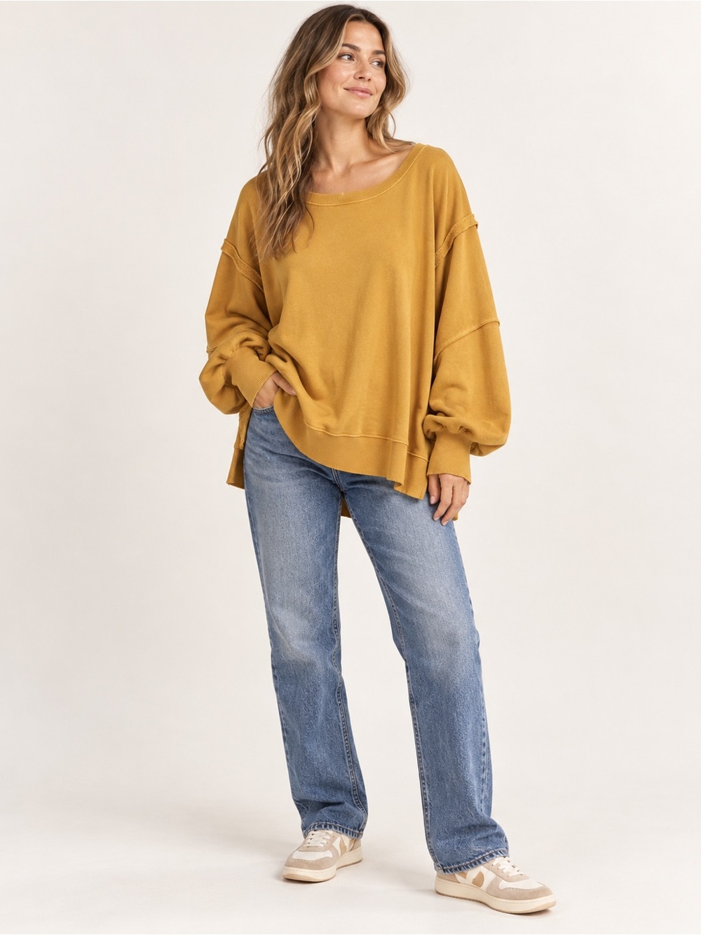 #907 Free People We The Free Camden Sweatshirt Golden Yellow L NWT Oversized
